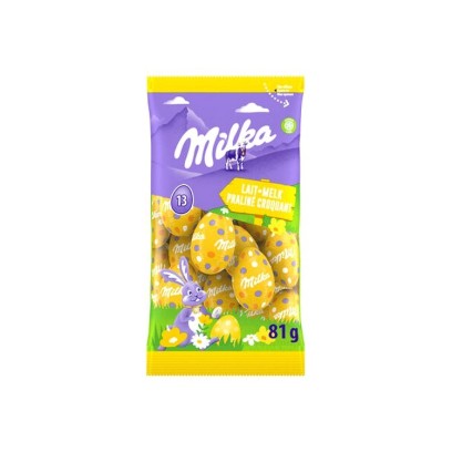 Milka 13 paaseieren van melkchocolade met praline en crunchy textuur, 81 gram chocolaatjes